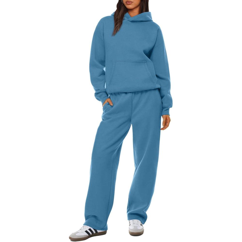 imageXIEERDUO Womens 2 Piece Outfits 2024 Sweatsuit Set Track Suits Oversized Hoodie Sweatshirts Wide Leg Sweatpants with PocketsA08grey Blue