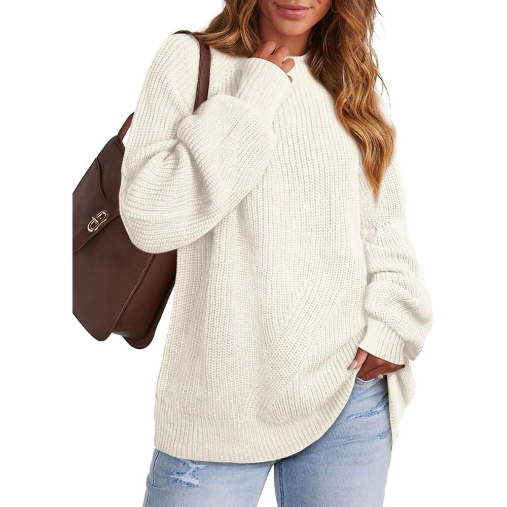 imageXIEERDUO Womens Balloon Sleeve Mock Neck Casual Sweaters Fuzzy Knitted Pullvoer Sweater Warm