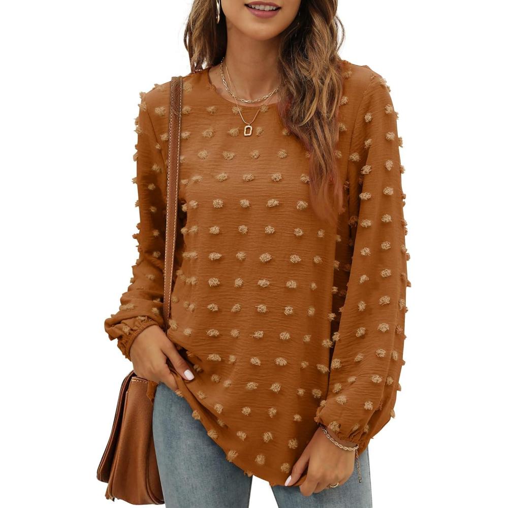 imageXIEERDUO Womens Chiffon Blouses Long Sleeve Crewneck Tops Dressy Casual Loose Pompom Shirts01caramel