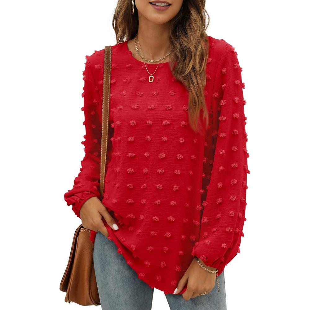 imageXIEERDUO Womens Chiffon Blouses Long Sleeve Crewneck Tops Dressy Casual Loose Pompom Shirts01red