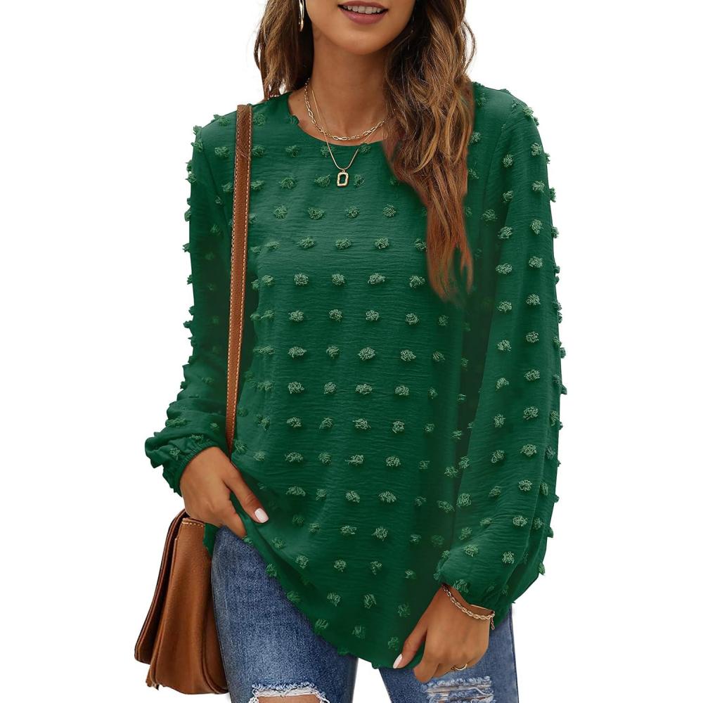 imageXIEERDUO Womens Chiffon Blouses Long Sleeve Crewneck Tops Dressy Casual Loose Pompom Shirts02agreen