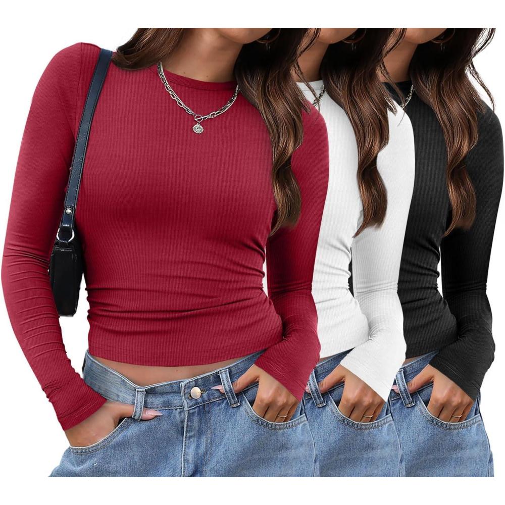 imageXIEERDUO Womens Long Sleeve Crew Neck Slim Fit T Shirts 2024 Y2k Clothes Basic Going Out Tops 3 Pack2 PackLong Sleeve 3 Pack Black White Red