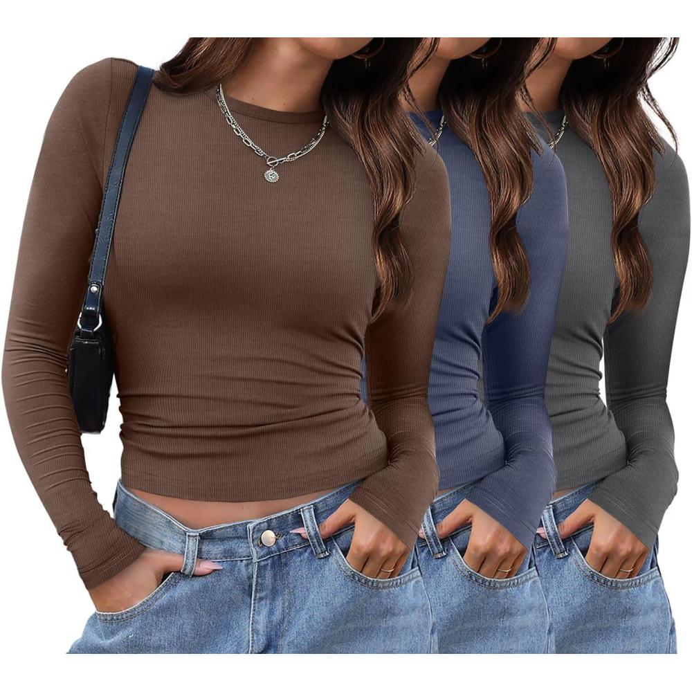imageXIEERDUO Womens Long Sleeve Crew Neck Slim Fit T Shirts 2024 Y2k Clothes Basic Going Out Tops 3 Pack2 PackLong Sleeve 3 Pack Grey Blue Brown