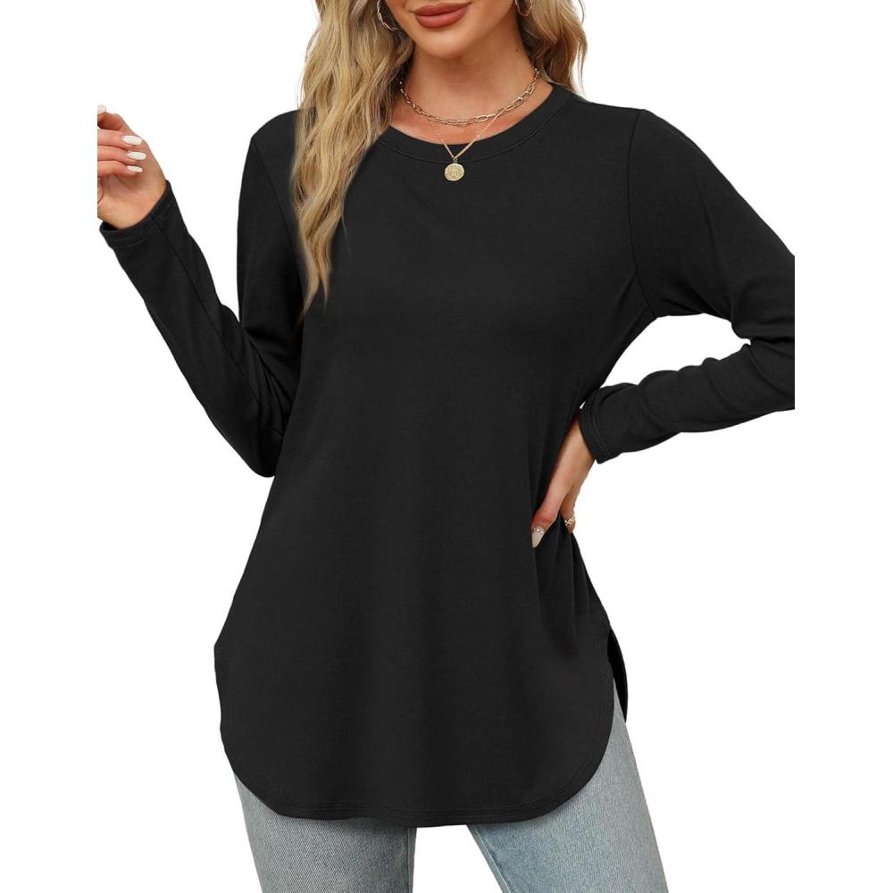 imageXIEERDUO Womens Long Sleeve Round Neck Shirts Side Split Basic Loose Tunic Tops Casual 2025Black