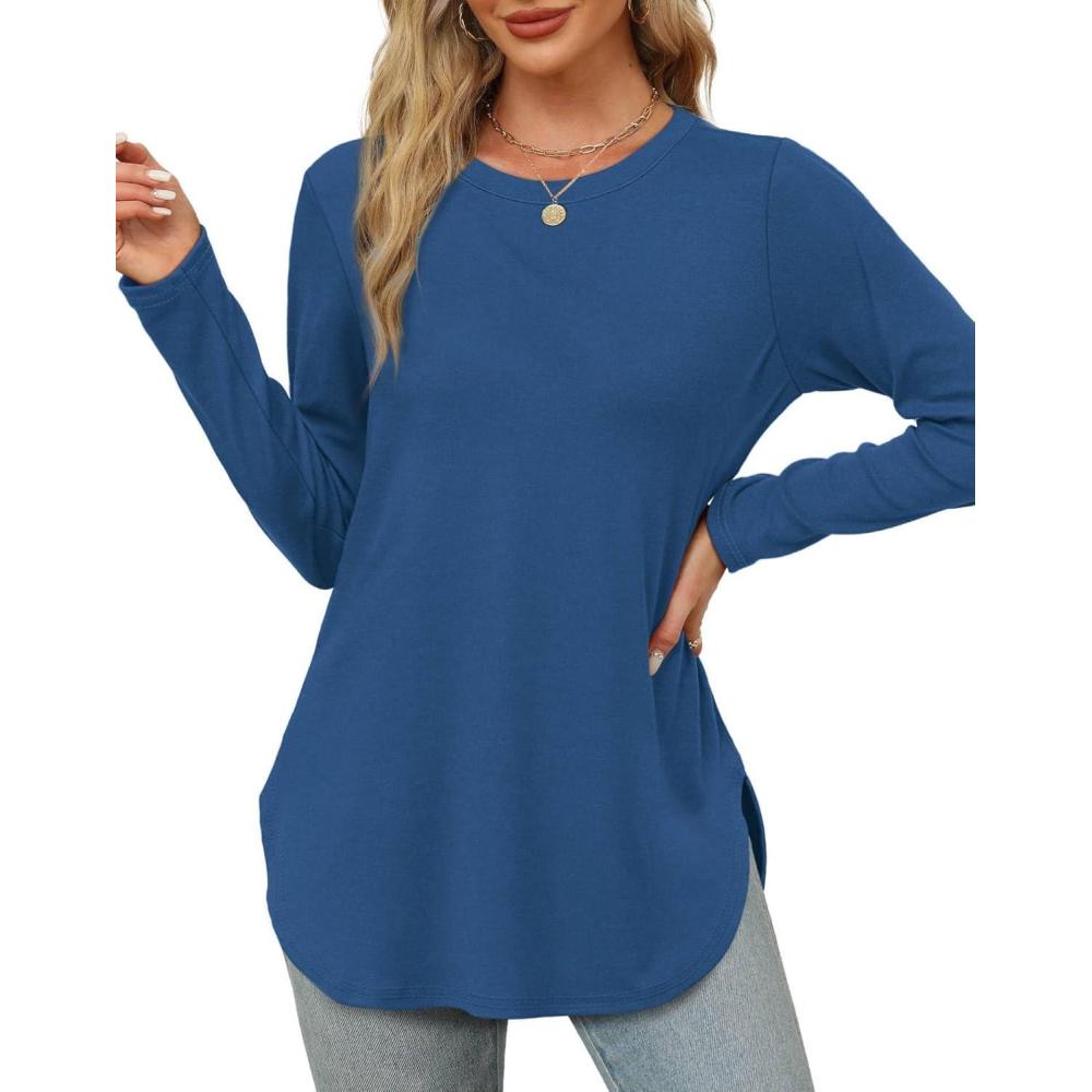 imageXIEERDUO Womens Long Sleeve Round Neck Shirts Side Split Basic Loose Tunic Tops Casual 2025Blue