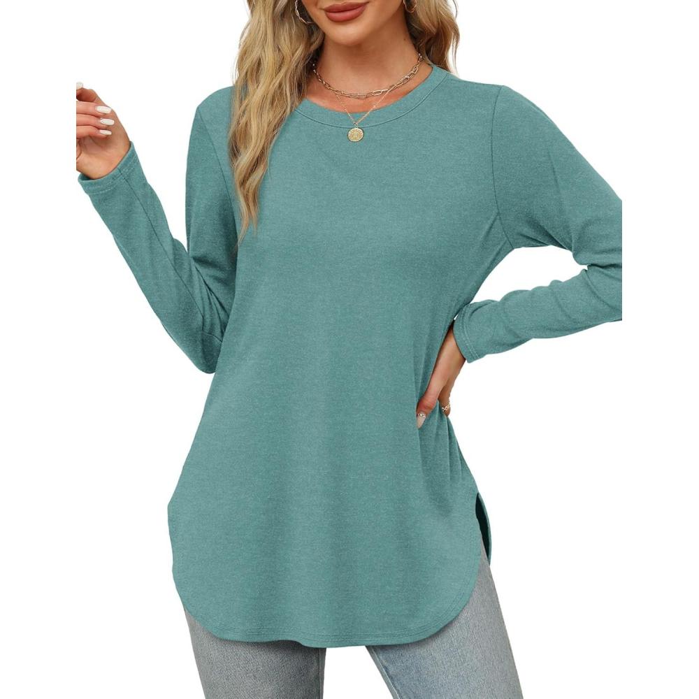 imageXIEERDUO Womens Long Sleeve Round Neck Shirts Side Split Basic Loose Tunic Tops Casual 2025Blue Green