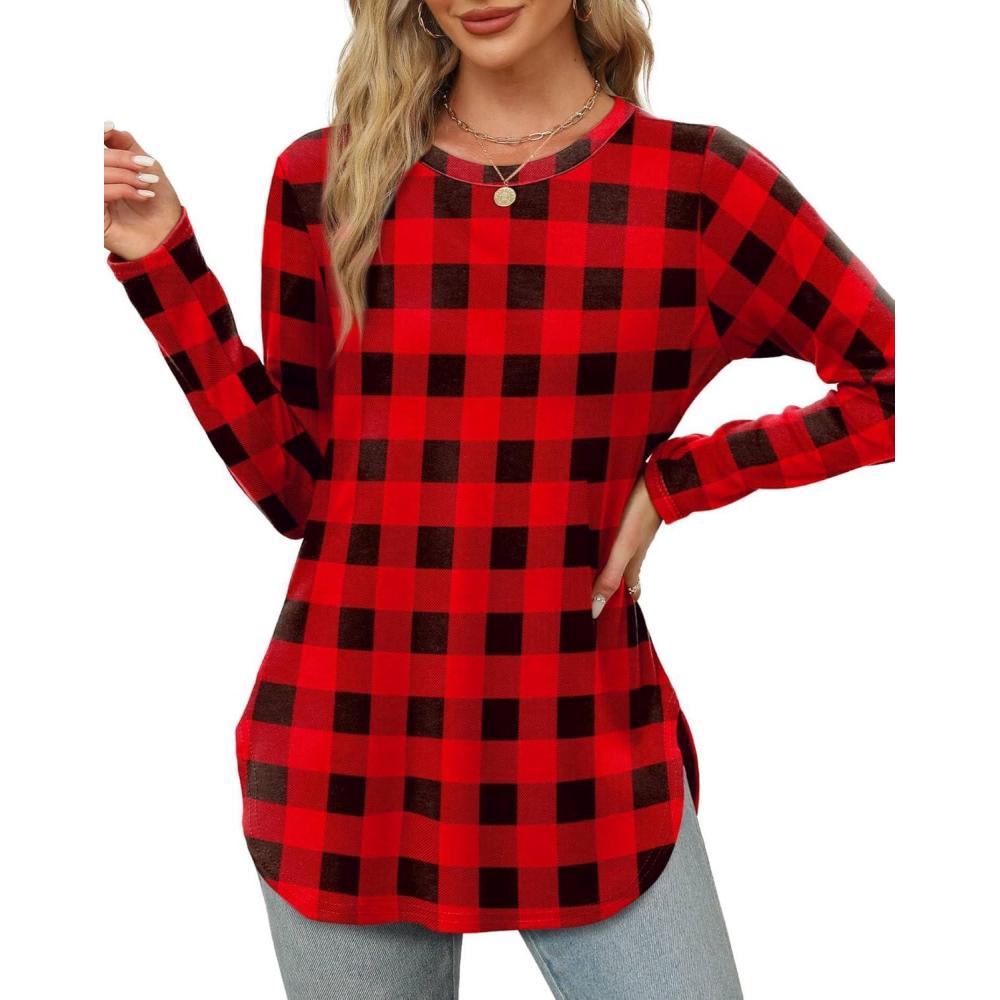 imageXIEERDUO Womens Long Sleeve Round Neck Shirts Side Split Basic Loose Tunic Tops Casual 2025Christmas Red Plaid