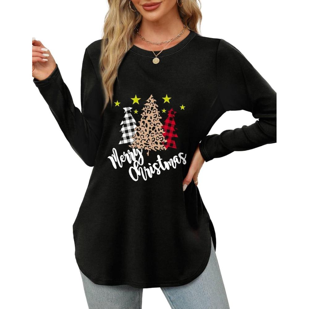 imageXIEERDUO Womens Long Sleeve Round Neck Shirts Side Split Basic Loose Tunic Tops Casual 2025Christmas Tree