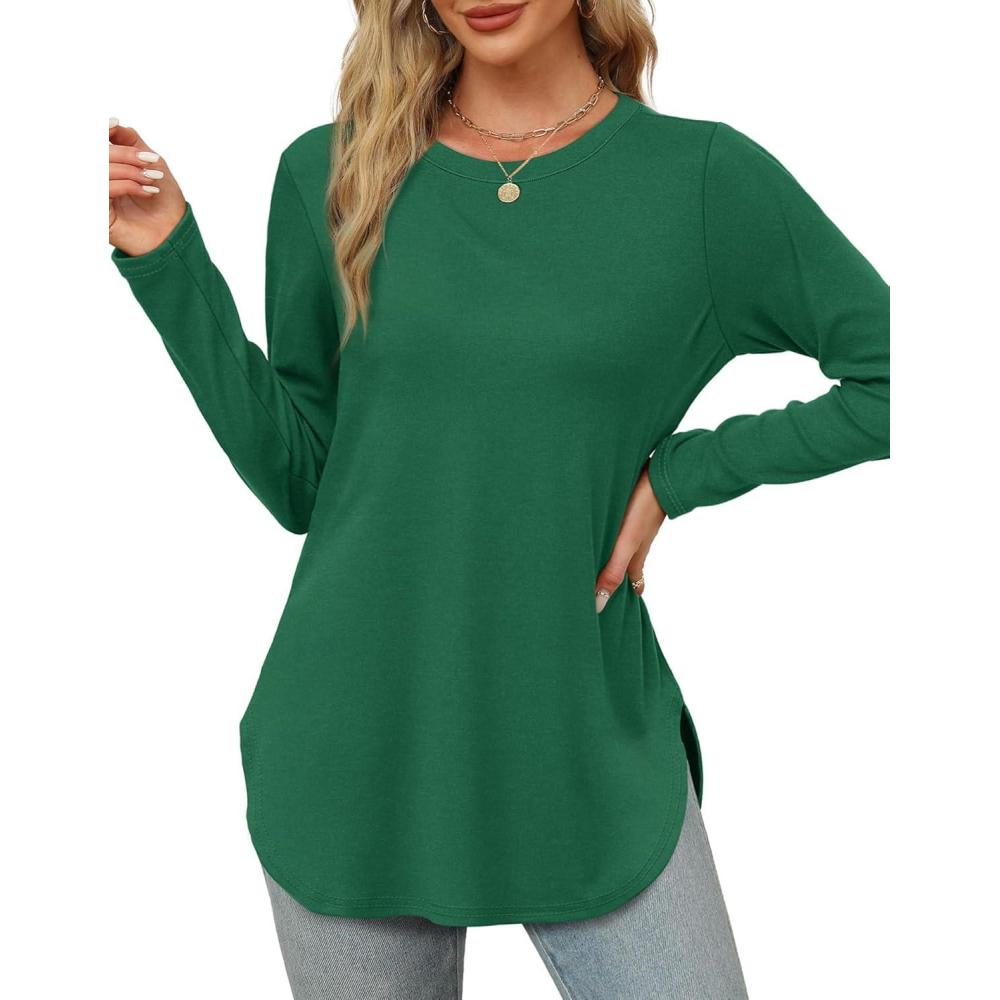 imageXIEERDUO Womens Long Sleeve Round Neck Shirts Side Split Basic Loose Tunic Tops Casual 2025Green