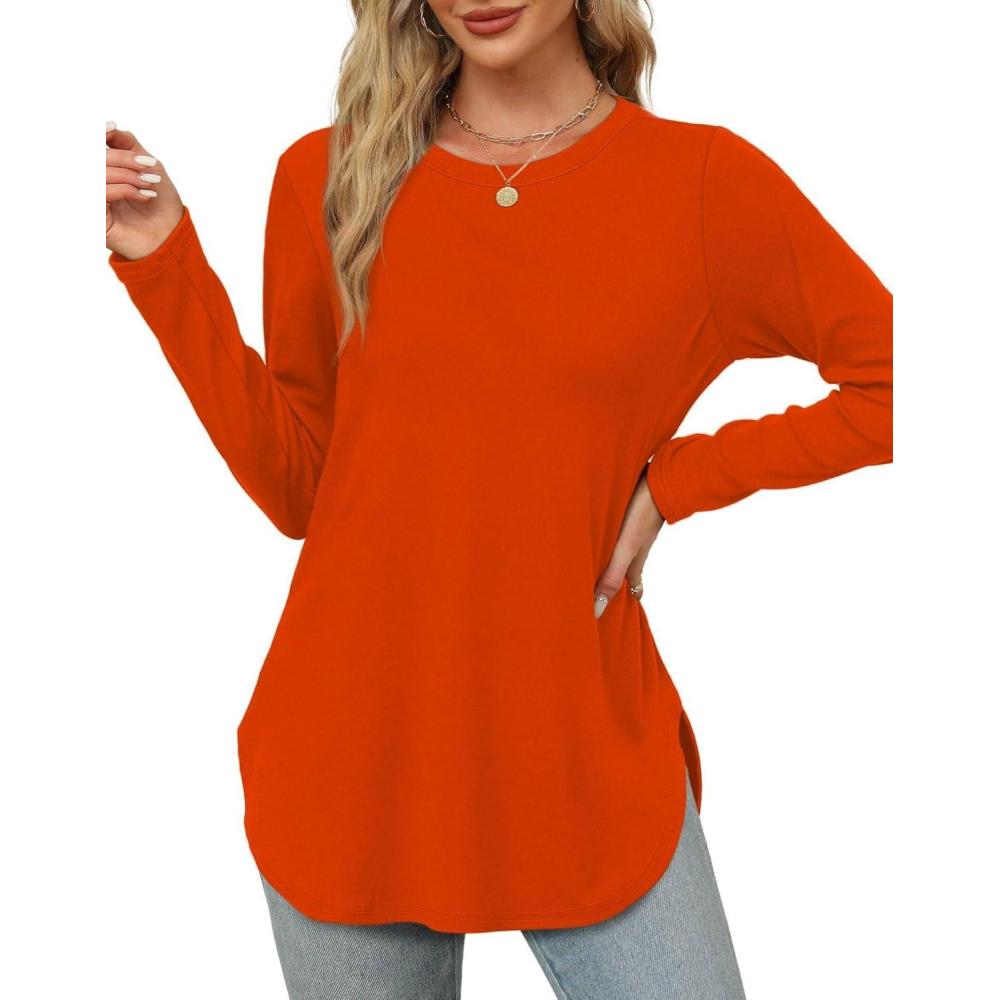 imageXIEERDUO Womens Long Sleeve Round Neck Shirts Side Split Basic Loose Tunic Tops Casual 2025Halloween Orange