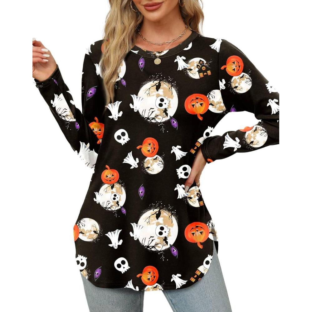 imageXIEERDUO Womens Long Sleeve Round Neck Shirts Side Split Basic Loose Tunic Tops Casual 2025Halloween Print