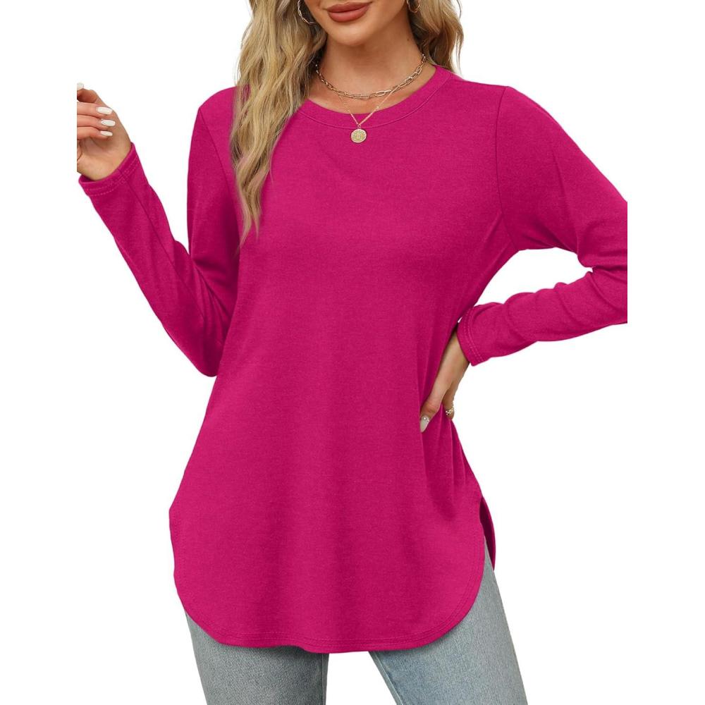 imageXIEERDUO Womens Long Sleeve Round Neck Shirts Side Split Basic Loose Tunic Tops Casual 2025Hot Pink