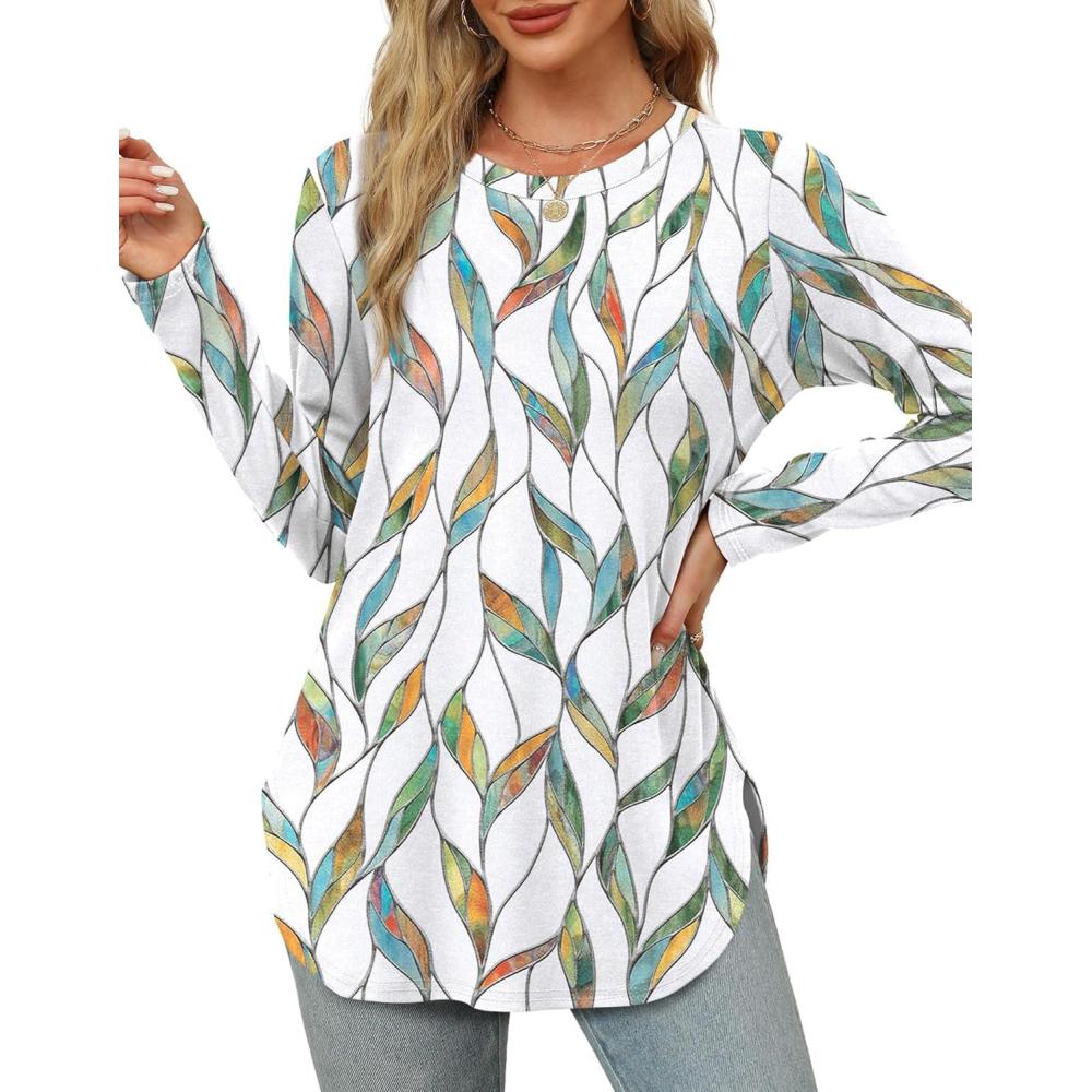 imageXIEERDUO Womens Long Sleeve Round Neck Shirts Side Split Basic Loose Tunic Tops Casual 2025Patternedwhite Print