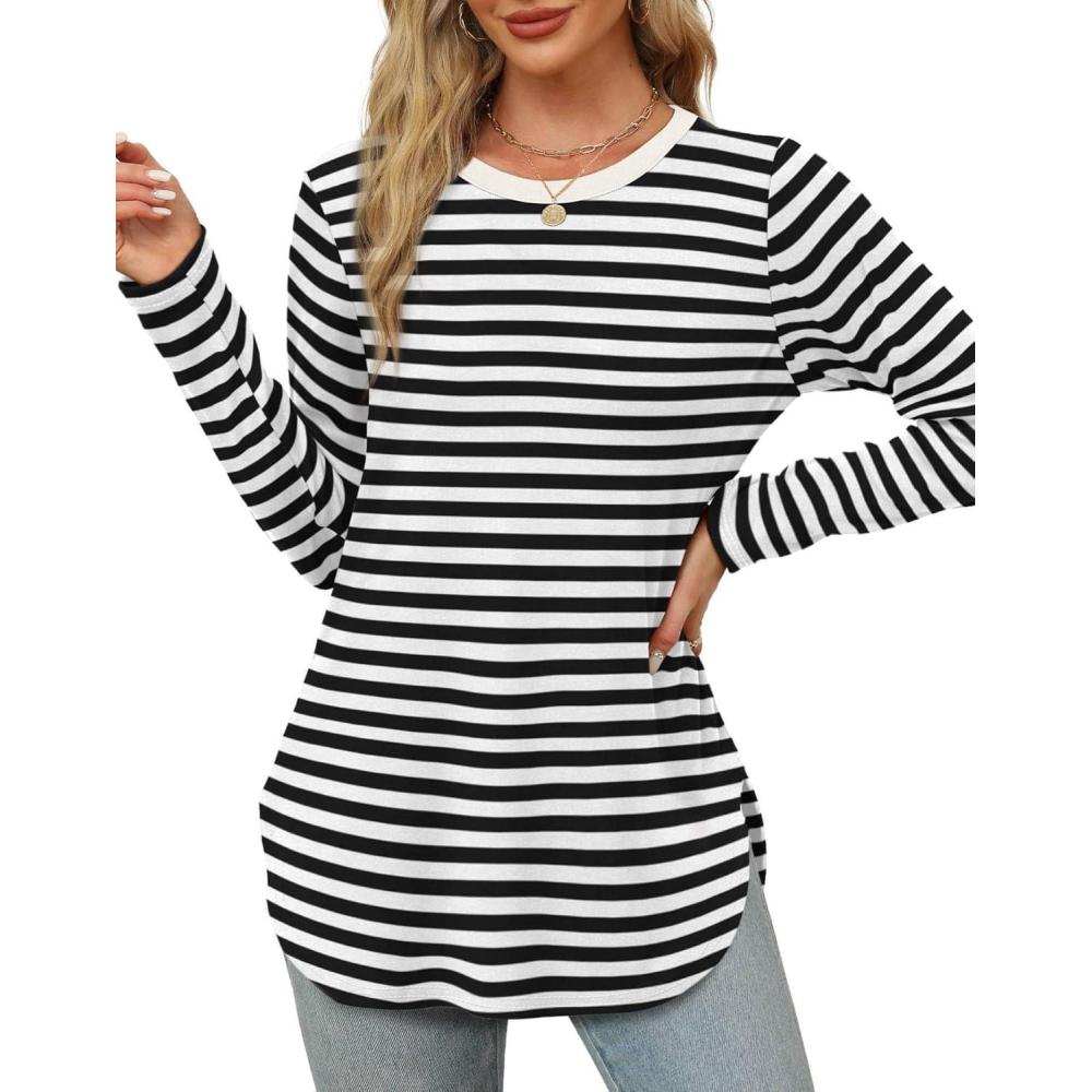 imageXIEERDUO Womens Long Sleeve Round Neck Shirts Side Split Basic Loose Tunic Tops Casual 2025Stripeblack White