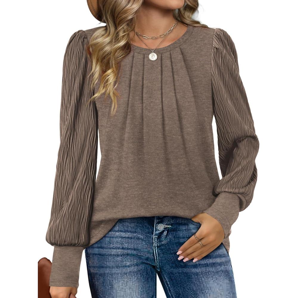 imageXIEERDUO Womens Long Sleeve Shirts Pleated Crew Neck Puff Sleeve Tunic TopsCoffee