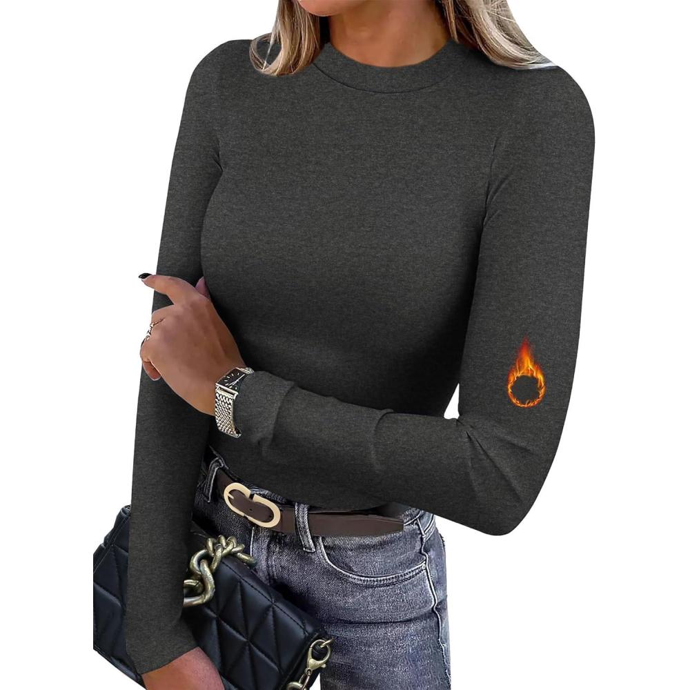 imageXIEERDUO Womens Long Sleeve Thermal Shirt Fleece Mock Neck Tops 2025 Fashion Slim FitGrey