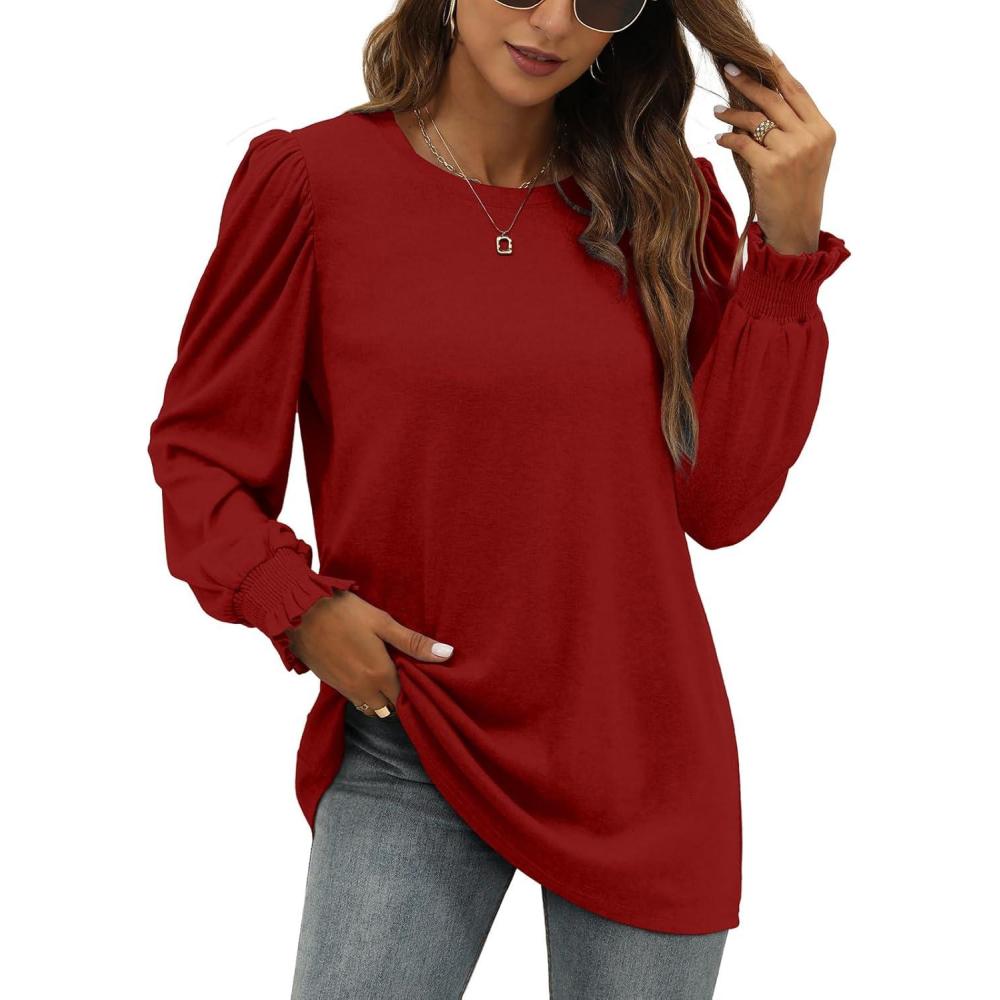 imageXIEERDUO Womens Long Sleeve Tops 2024 Fall Ruffle Puff Sleeve Cute Tunic Shirts Dressy10red