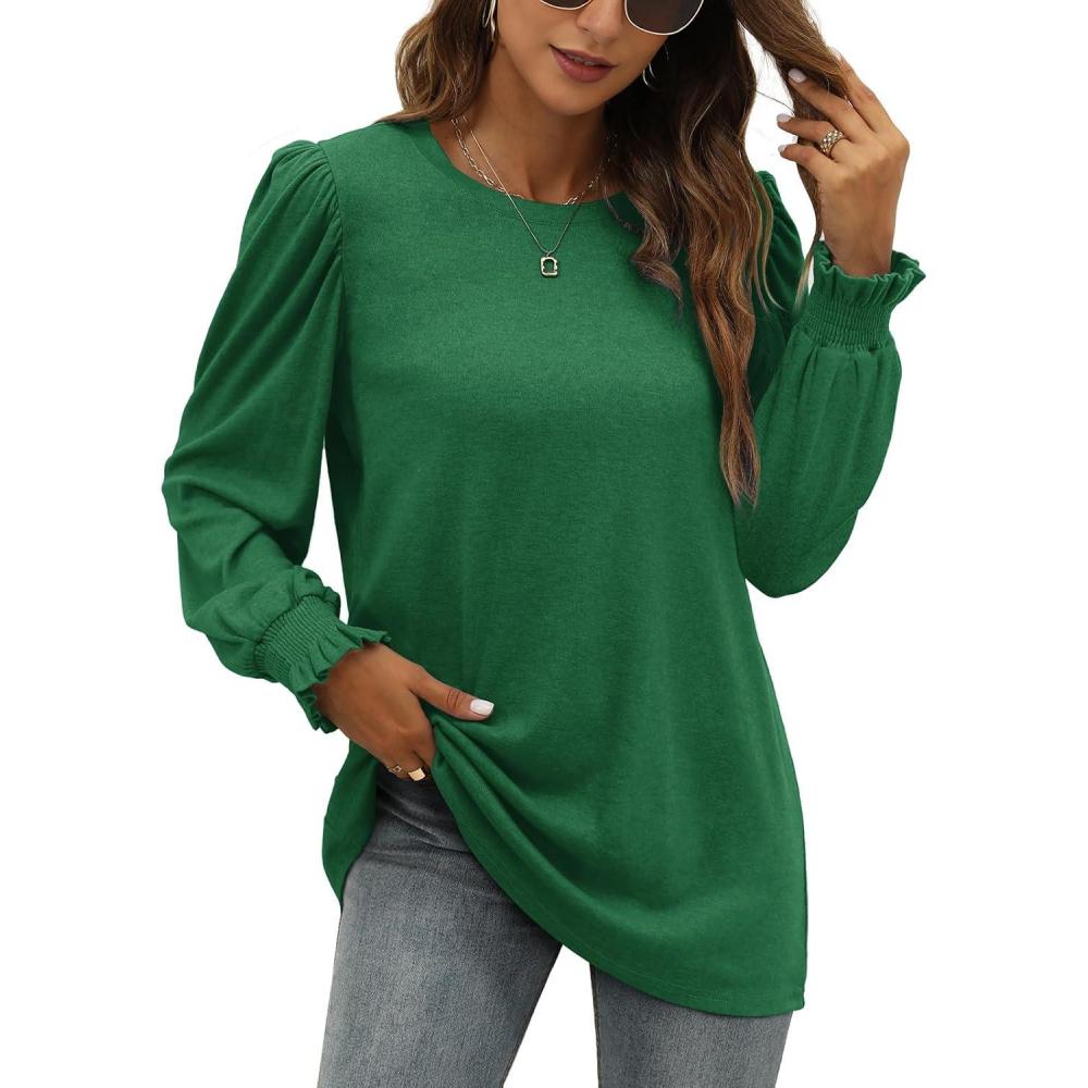 imageXIEERDUO Womens Long Sleeve Tops 2024 Fall Ruffle Puff Sleeve Cute Tunic Shirts DressyA05green