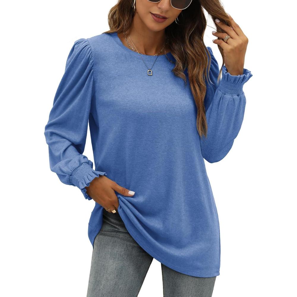imageXIEERDUO Womens Long Sleeve Tops 2024 Fall Ruffle Puff Sleeve Cute Tunic Shirts DressyA06blue