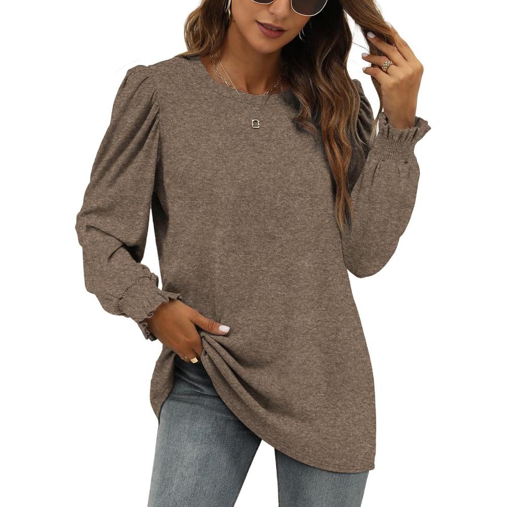 imageXIEERDUO Womens Long Sleeve Tops 2024 Fall Ruffle Puff Sleeve Cute Tunic Shirts DressyA07brown