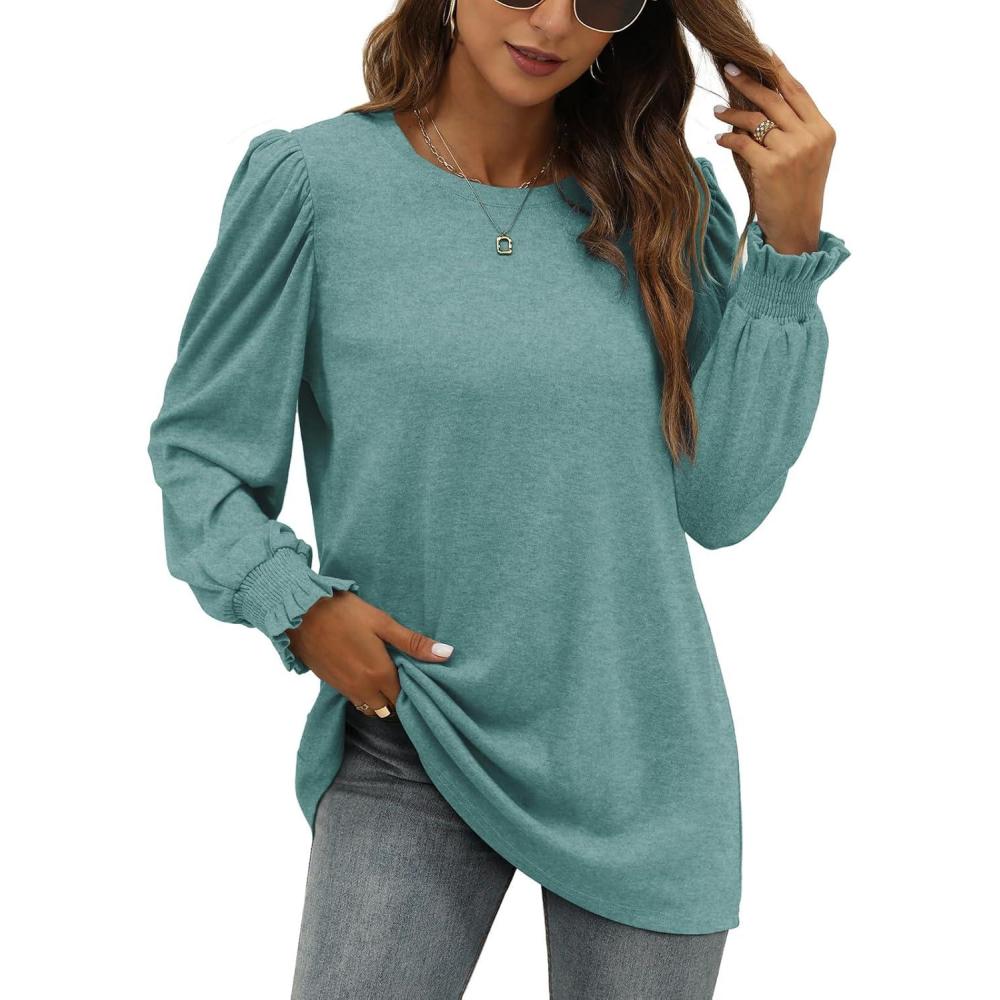 imageXIEERDUO Womens Long Sleeve Tops 2024 Fall Ruffle Puff Sleeve Cute Tunic Shirts DressyA09cadetblue