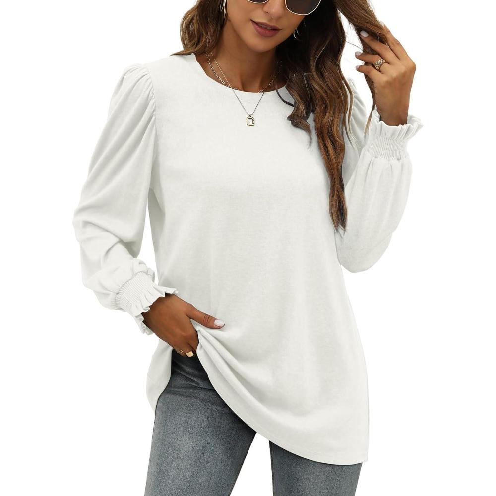 imageXIEERDUO Womens Long Sleeve Tops 2024 Fall Ruffle Puff Sleeve Cute Tunic Shirts DressyA10white