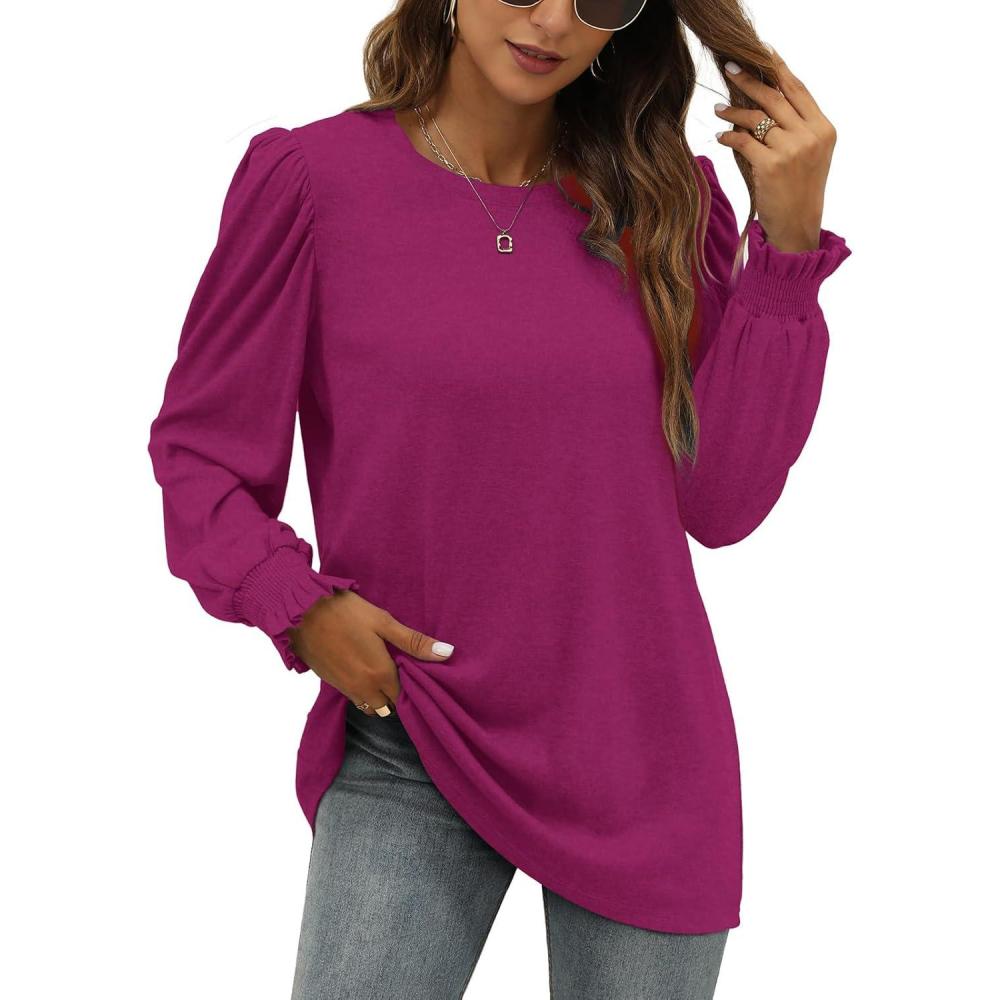 imageXIEERDUO Womens Long Sleeve Tops 2024 Fall Ruffle Puff Sleeve Cute Tunic Shirts DressyA11rose Violet