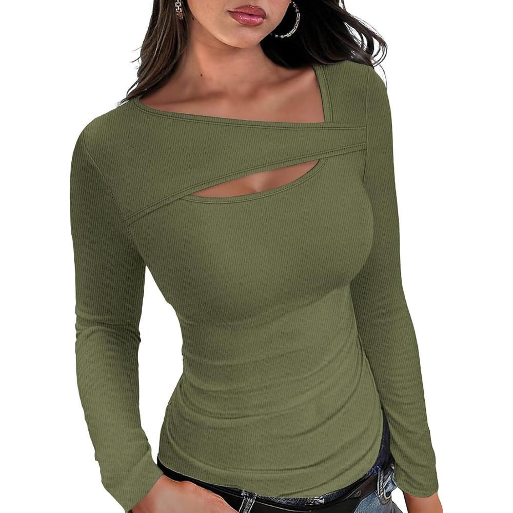 imageXIEERDUO Womens Long Sleeve Tops Slim Fit Fall Tops for Women 2025 Cutout Tops Y2K Ribbed TshirtArmy Green