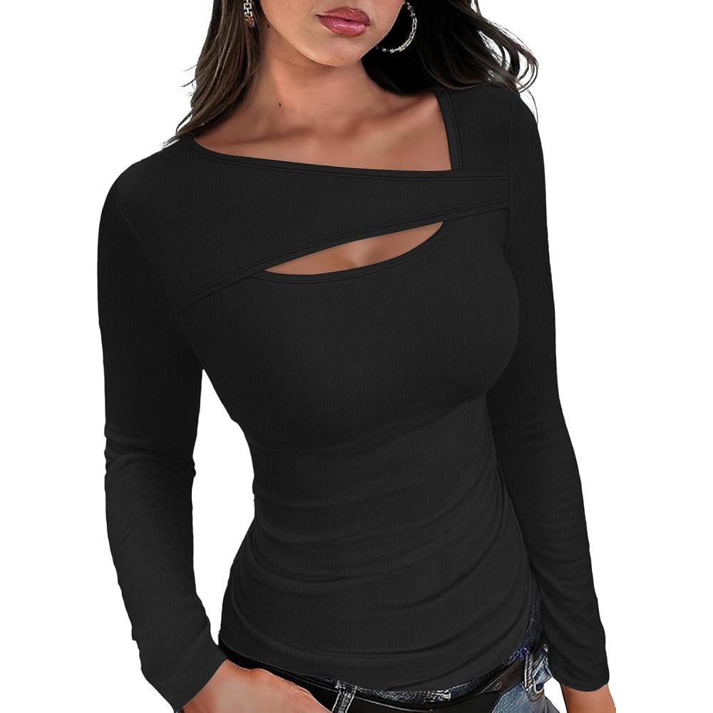 imageXIEERDUO Womens Long Sleeve Tops Slim Fit Fall Tops for Women 2025 Cutout Tops Y2K Ribbed TshirtBlack