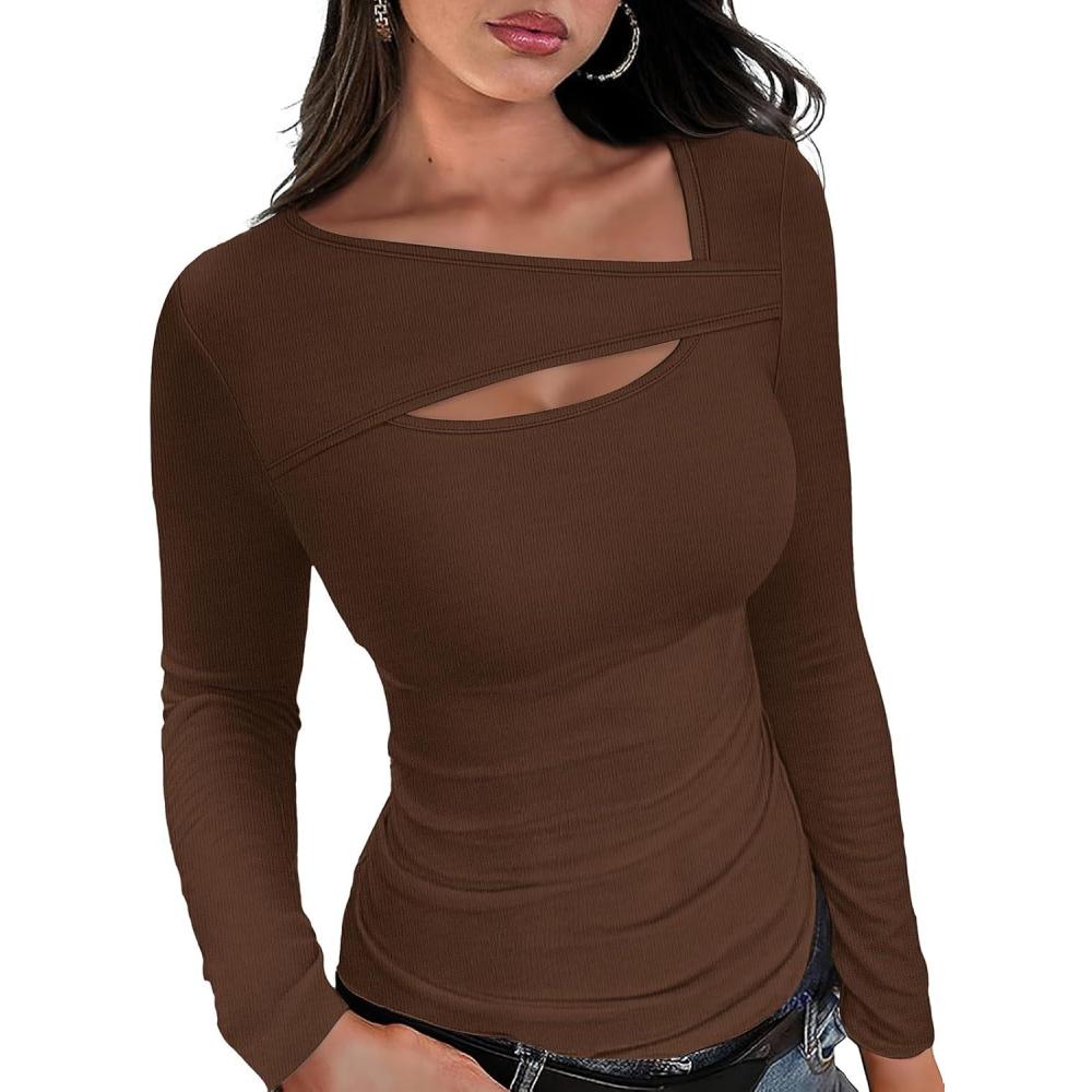 imageXIEERDUO Womens Long Sleeve Tops Slim Fit Fall Tops for Women 2025 Cutout Tops Y2K Ribbed TshirtBrown