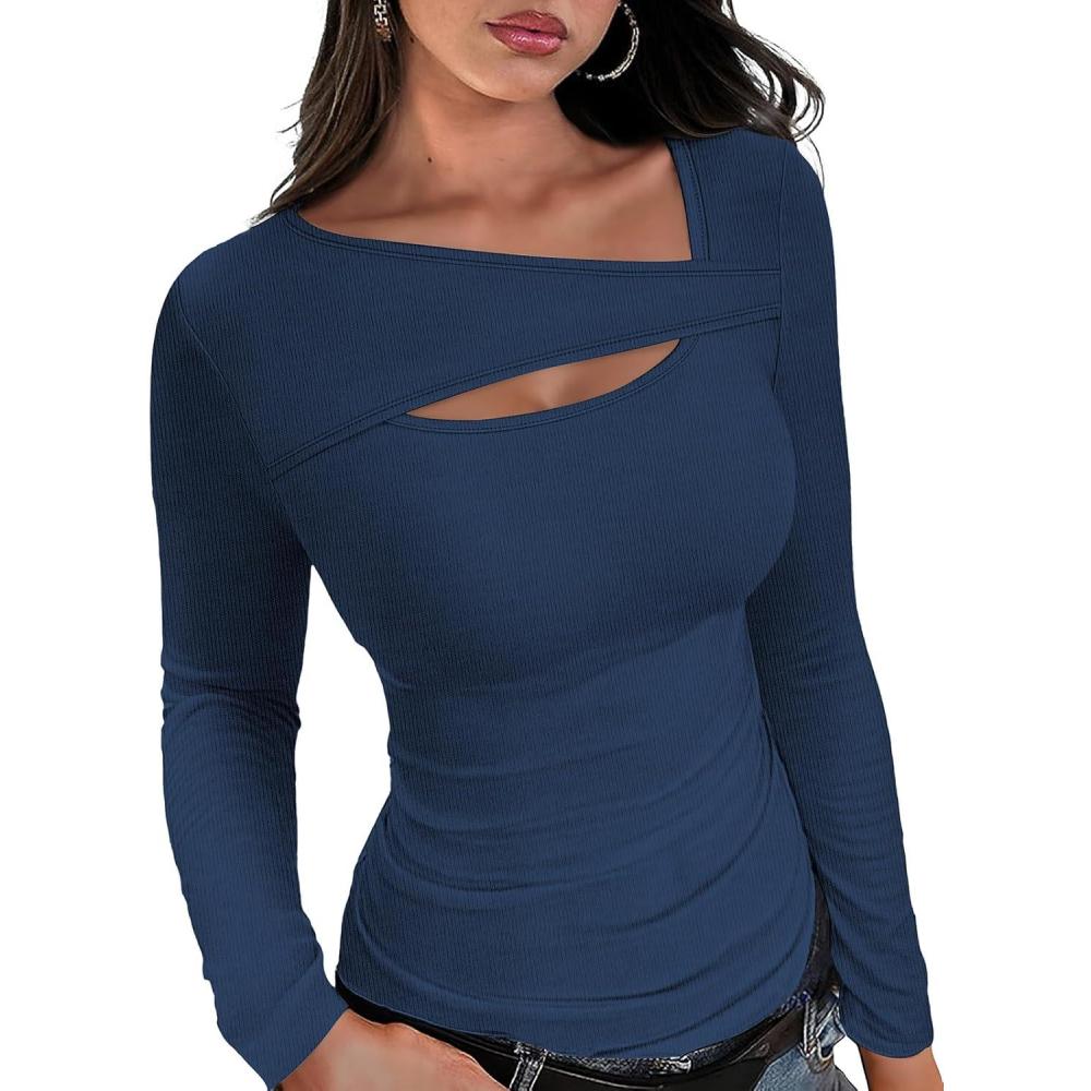 imageXIEERDUO Womens Long Sleeve Tops Slim Fit Fall Tops for Women 2025 Cutout Tops Y2K Ribbed TshirtDark Blue