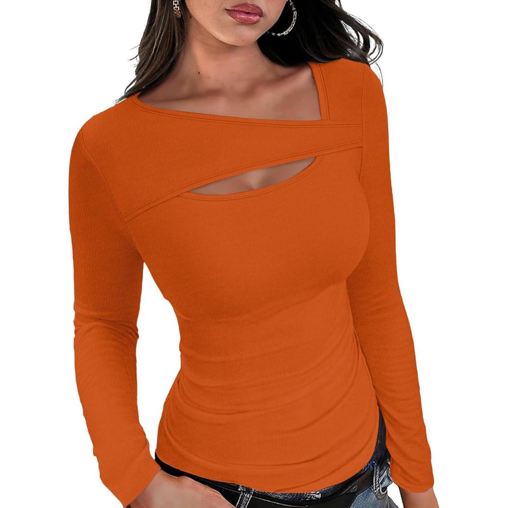 imageXIEERDUO Womens Long Sleeve Tops Slim Fit Fall Tops for Women 2025 Cutout Tops Y2K Ribbed TshirtOrange