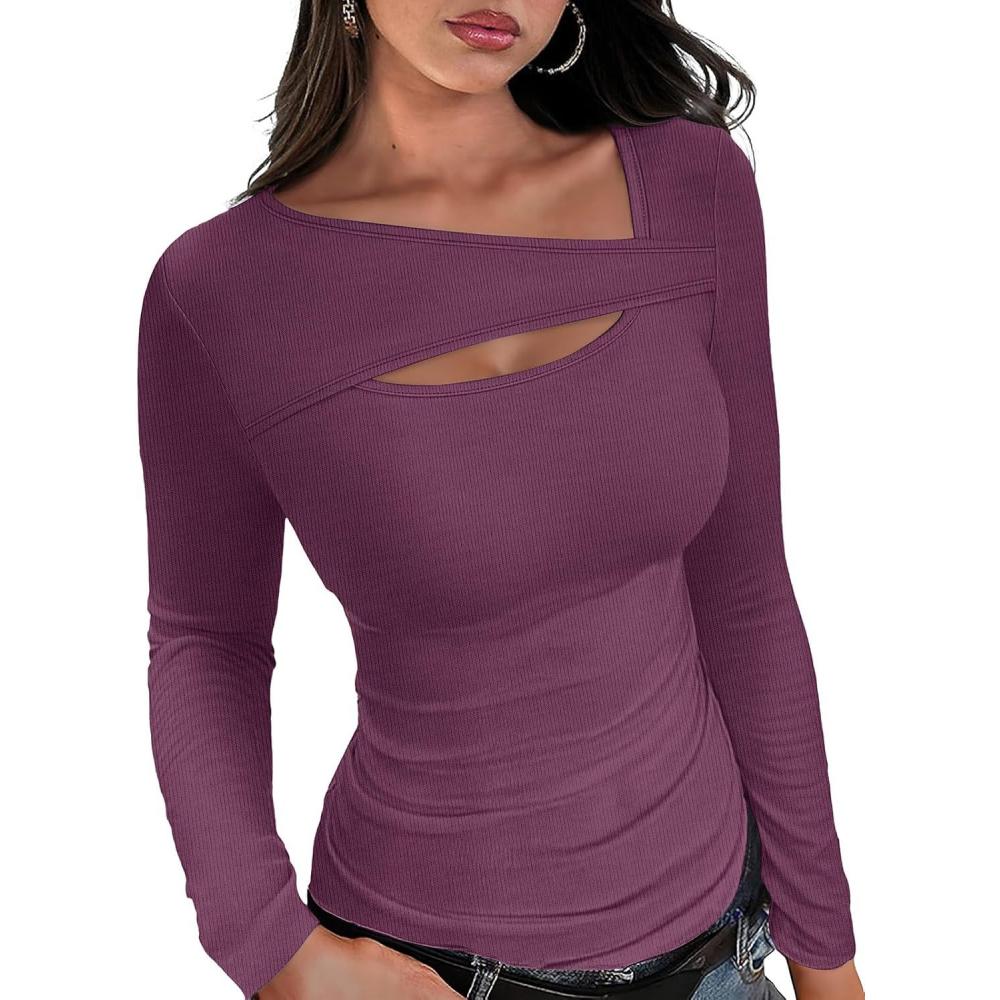 imageXIEERDUO Womens Long Sleeve Tops Slim Fit Fall Tops for Women 2025 Cutout Tops Y2K Ribbed TshirtPurplish