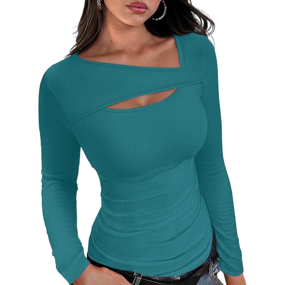 imageXIEERDUO Womens Long Sleeve Tops Slim Fit Fall Tops for Women 2025 Cutout Tops Y2K Ribbed TshirtTeal