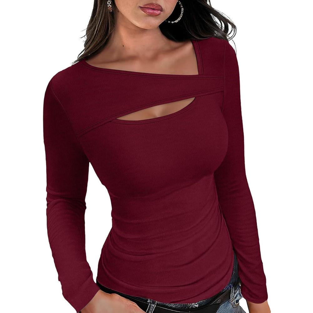 imageXIEERDUO Womens Long Sleeve Tops Slim Fit Fall Tops for Women 2025 Cutout Tops Y2K Ribbed TshirtWine Red