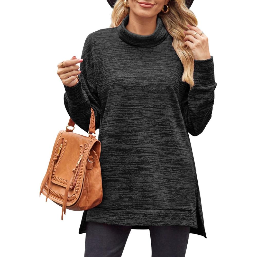 imageXIEERDUO Womens Long Sleeve Tunic Tops Turtleneck Lightweight Sweater High Low Side Split Sweatshirt