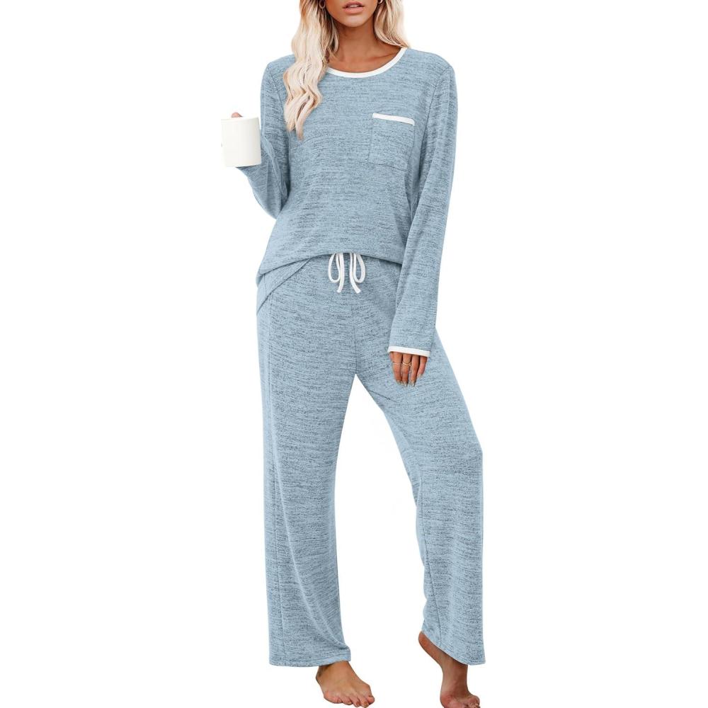 imageXIEERDUO Womens Pajama Sets Long Sleeve Sleepwear Soft Pjs Lounge Chest Pocket Two Piece Sets For WomenBlue