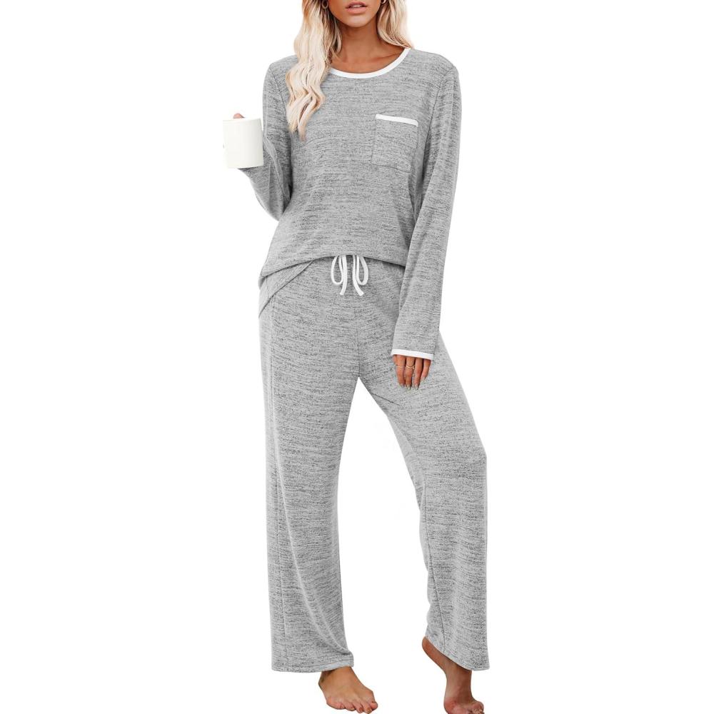 imageXIEERDUO Womens Pajama Sets Long Sleeve Sleepwear Soft Pjs Lounge Chest Pocket Two Piece Sets For WomenGrey