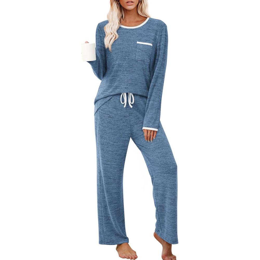 imageXIEERDUO Womens Pajama Sets Long Sleeve Sleepwear Soft Pjs Lounge Chest Pocket Two Piece Sets For WomenNavy Blue