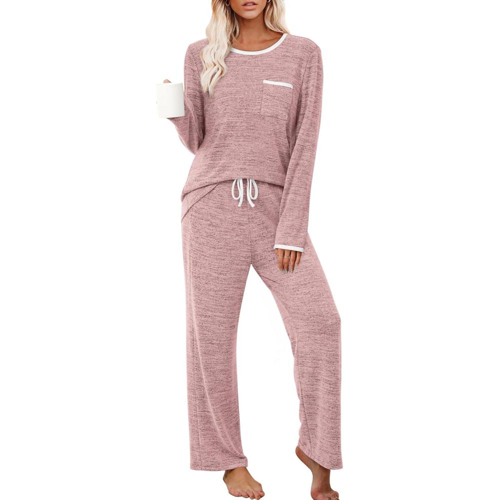 imageXIEERDUO Womens Pajama Sets Long Sleeve Sleepwear Soft Pjs Lounge Chest Pocket Two Piece Sets For WomenPink