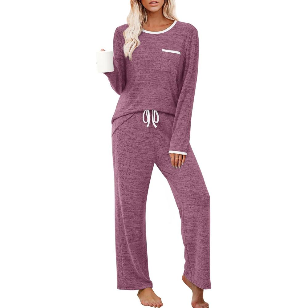 imageXIEERDUO Womens Pajama Sets Long Sleeve Sleepwear Soft Pjs Lounge Chest Pocket Two Piece Sets For WomenPurplish Red