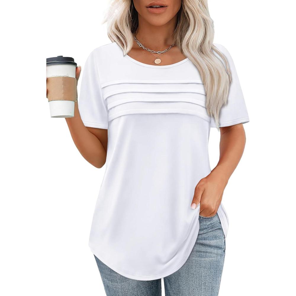 imageXIEERDUO Womens Pleated Tops Dressy Casual Short Sleeve Shirts Fashion Blouses Loose Curved Hem Long Tunic S3XLA White