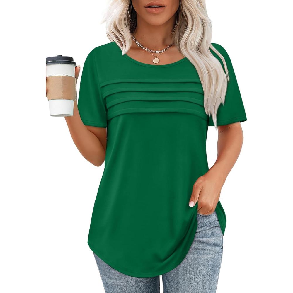 imageXIEERDUO Womens Pleated Tops Dressy Casual Short Sleeve Shirts Fashion Blouses Loose Curved Hem Long Tunic S3XLGreen