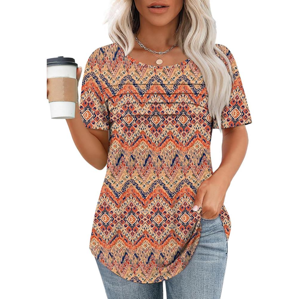 imageXIEERDUO Womens Pleated Tops Dressy Casual Short Sleeve Shirts Fashion Blouses Loose Curved Hem Long Tunic S3XLZ Boho Floral