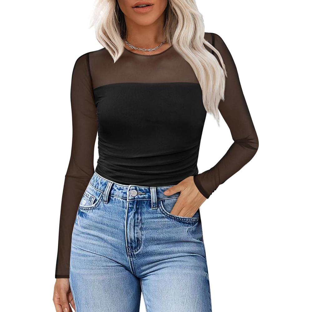 imageXIEERDUO Womens Sexy Sheer Long Sleeve Tops Crew Neck Mesh Ruched Going Out Shirts Blouse Date Night OutfitsA Mesh Black