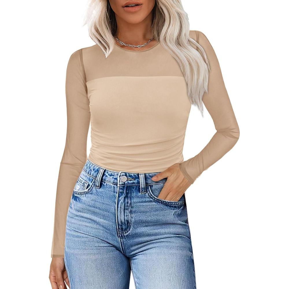 imageXIEERDUO Womens Sexy Sheer Long Sleeve Tops Crew Neck Mesh Ruched Going Out Shirts Blouse Date Night OutfitsC Beige Mesh