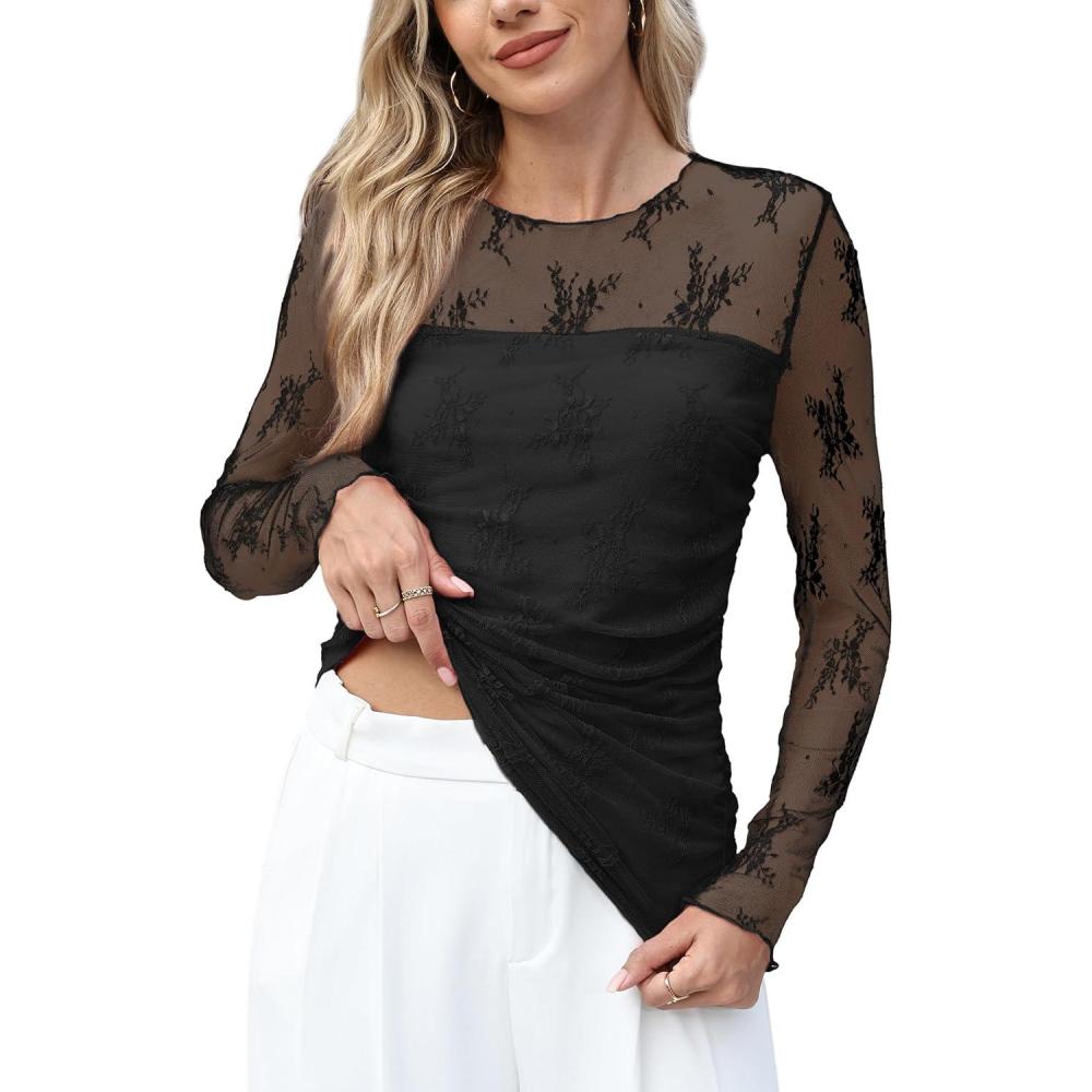 imageXIEERDUO Womens Sexy Sheer Long Sleeve Tops Crew Neck Mesh Ruched Going Out Shirts Blouse Date Night OutfitsZ Lace Black