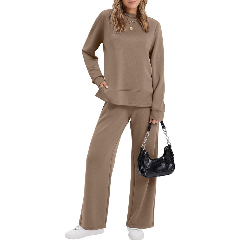 imageXIEERDUO Womens Side Slit Lounge Sets 2 Piece Outfits Mock Neck Tracksuit Fashion Sweatsuit Wide Leg Loungewear S3XLA Khaki
