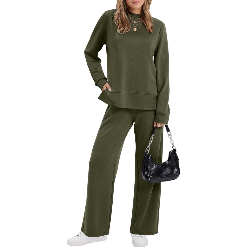 imageXIEERDUO Womens Side Slit Lounge Sets 2 Piece Outfits Mock Neck Tracksuit Fashion Sweatsuit Wide Leg Loungewear S3XLArmy Green