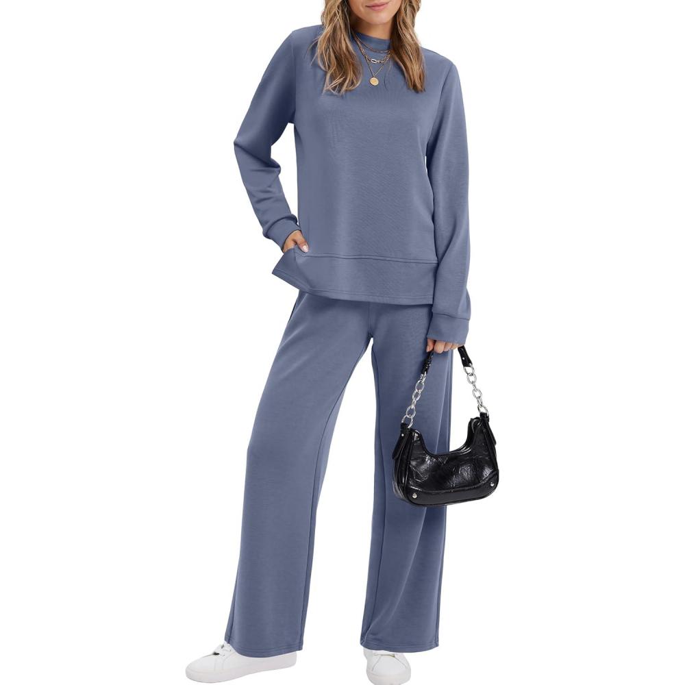 imageXIEERDUO Womens Side Slit Lounge Sets 2 Piece Outfits Mock Neck Tracksuit Fashion Sweatsuit Wide Leg Loungewear S3XLBlue